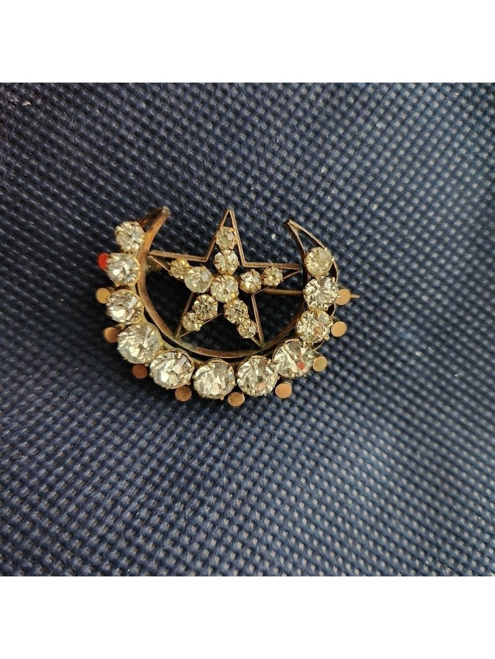 Vintage Czech White Rhinestone 12K GF Star & Moon Brooch